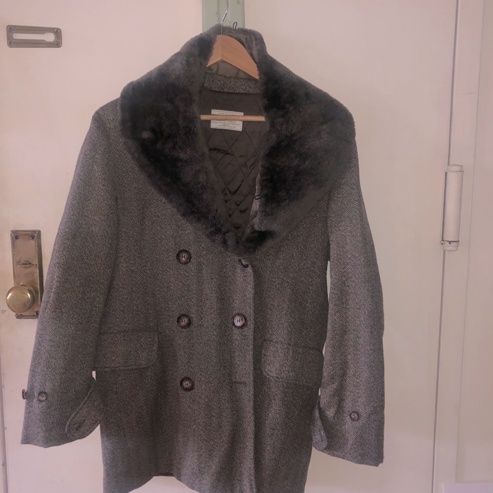 Benetton Tweed 3/4 coat with real fur. Size medium